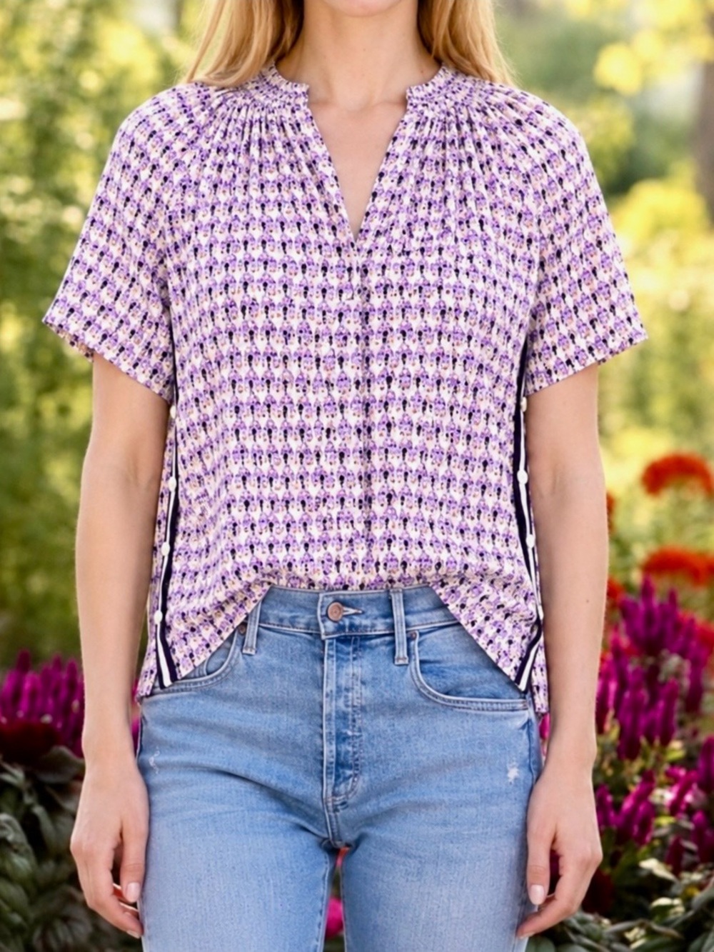 Rungolee- Silk “Savannah” Short Sleeve Blouse in Lavender and Navy, Size Medium